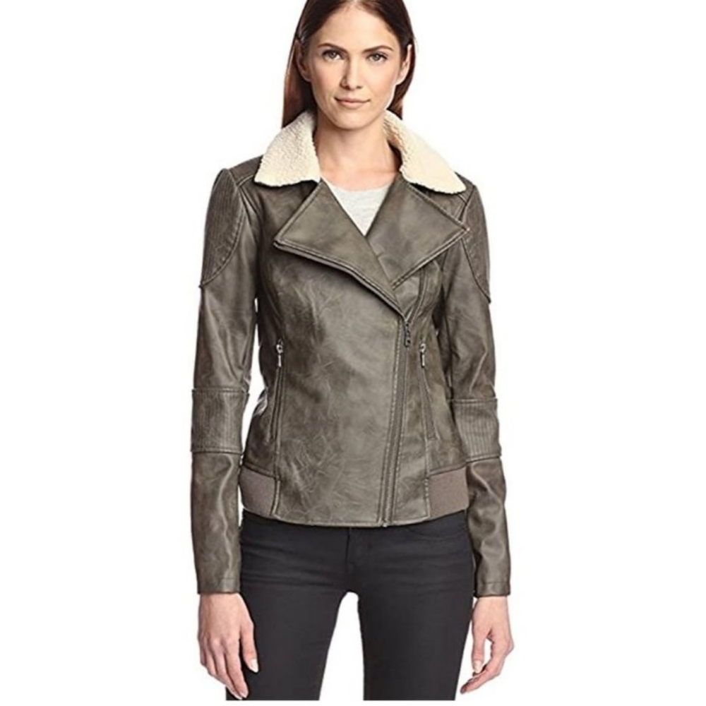 Sam Edelman Faux Leather Moto Jacket Sherpa Collar